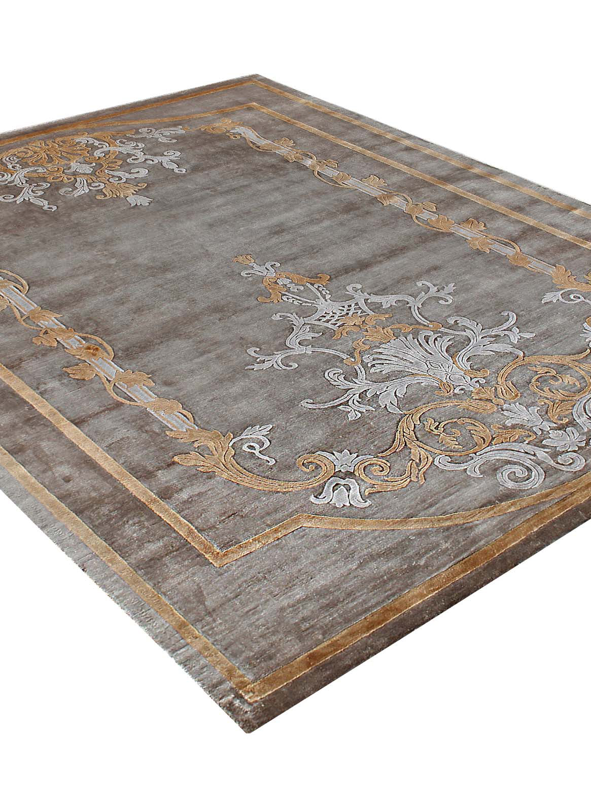 Luxury hand knotted carpet made from Botanical Silk in taupe gold color and 6' x 9' size