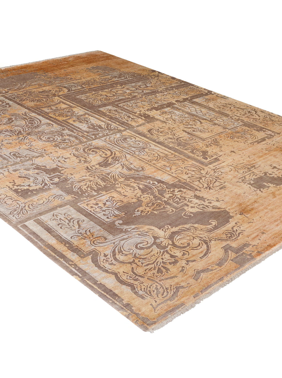 Luxury hand knotted carpet made from Wool & Botanical Silk in taupe gold color and 5'6" x 8' size