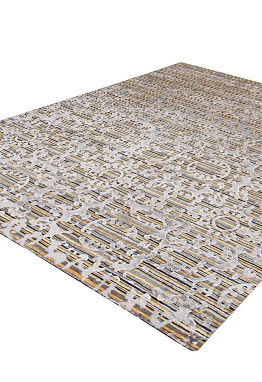Luxury hand knotted carpet made from Wool & Botanical Silk in blue ochre color and 5'6" x 8' size