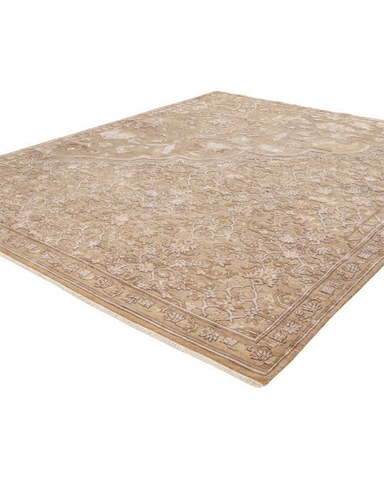 Luxury hand knotted carpet made from Wool & Botanical Silk in beige taupe color and 5'6" x 8' size