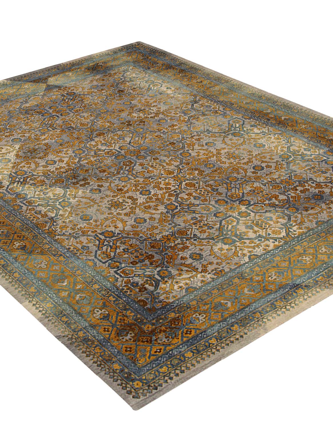 Luxury hand knotted carpet made from Wool & Pure Silk in blue gold color and 5'6" x 8' size