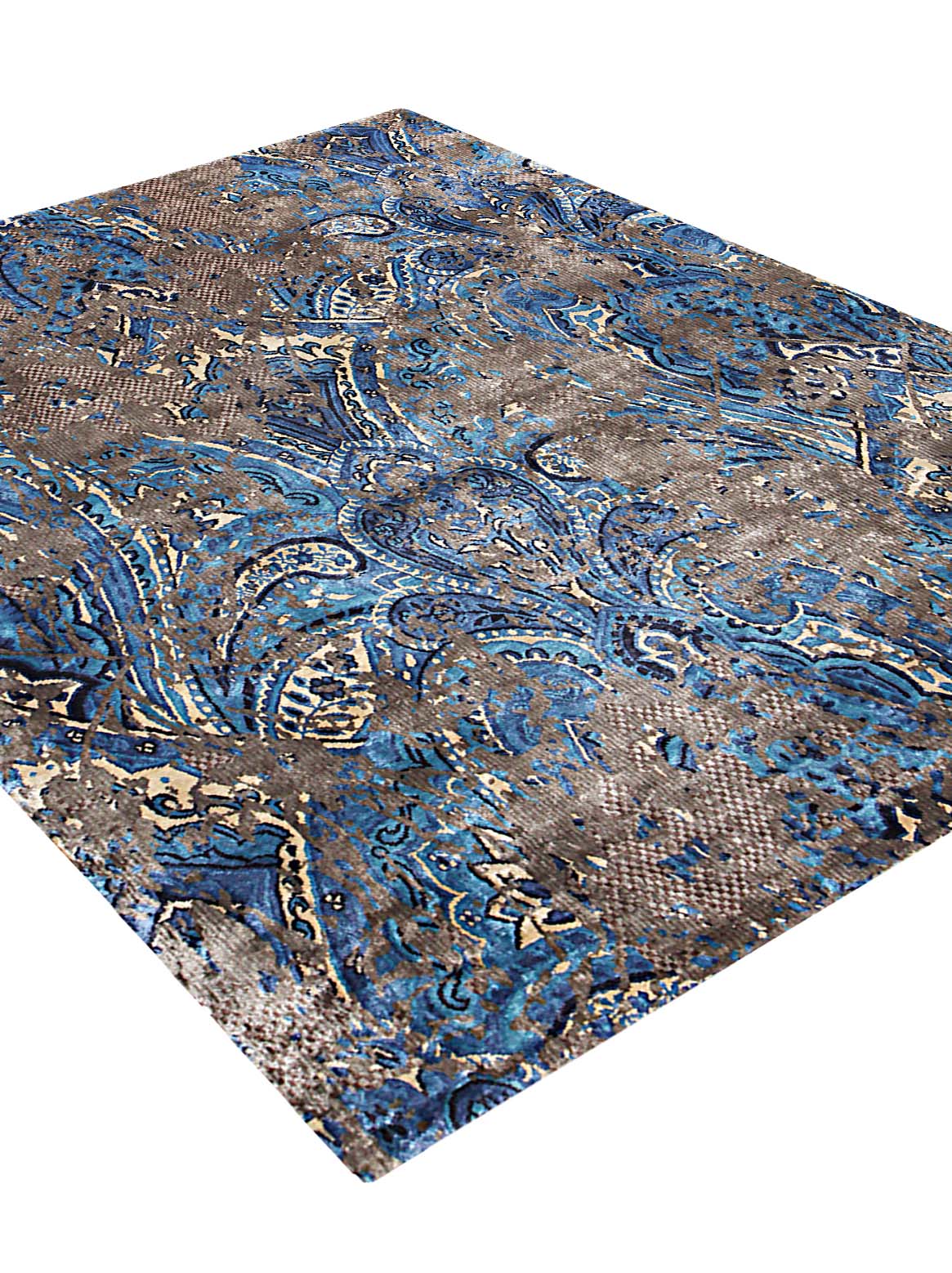 Luxury hand knotted carpet made from Botanical Silk in brown blue color and 5'6" x 8' size