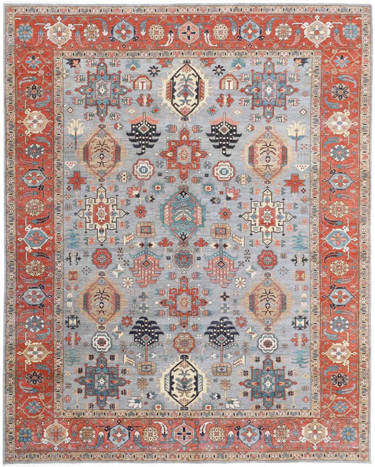 Hands HERIZ (P 4407) Blue & Rust Luxury Carpet - 100% Wool, Hand Knotted (9' x 12')