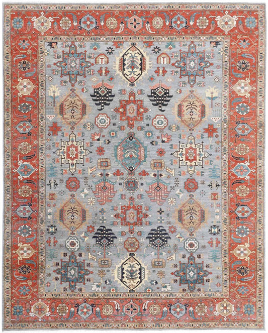 Hands HERIZ (P 4407) Blue & Rust Luxury Carpet - 100% Wool, Hand Knotted (9' x 12')