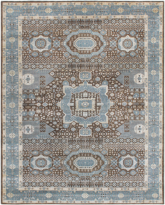 Hands HKD-2 Brown Blue Luxury Carpet - Wool & Bamboo Silk, Hand Knotted (5'6" x 8')