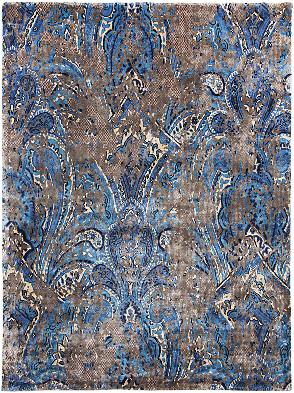 Hands ZAIBA Brown Blue Luxury Carpet - 100% Botanical Silk, Hand Knotted (5'6" x 8')