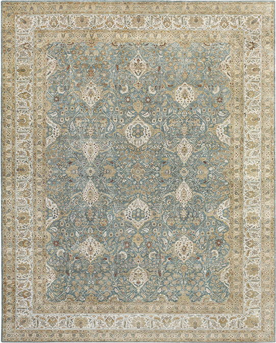 Hands P 4238 Beige Blue Luxury Carpet - 100% Wool, Hand Knotted (10' x 14')