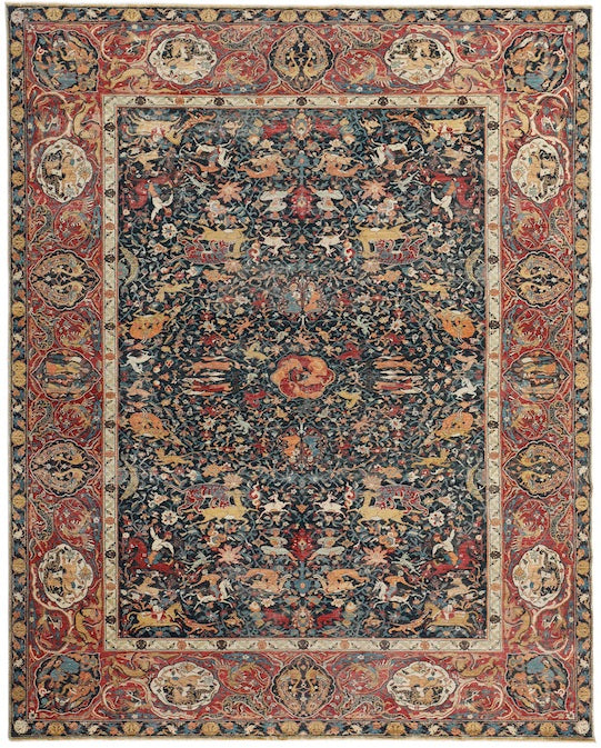 Hands ANIMAL KIRMAN (P 4396) Blue & Red Luxury Carpet - 100% Wool, Hand Knotted (10' x 14')